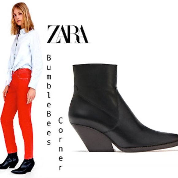 Zara Shoes - ZARA Woman Cowboy Leather Western Ankle Boot Booties Black Size 38/ Size 7.5